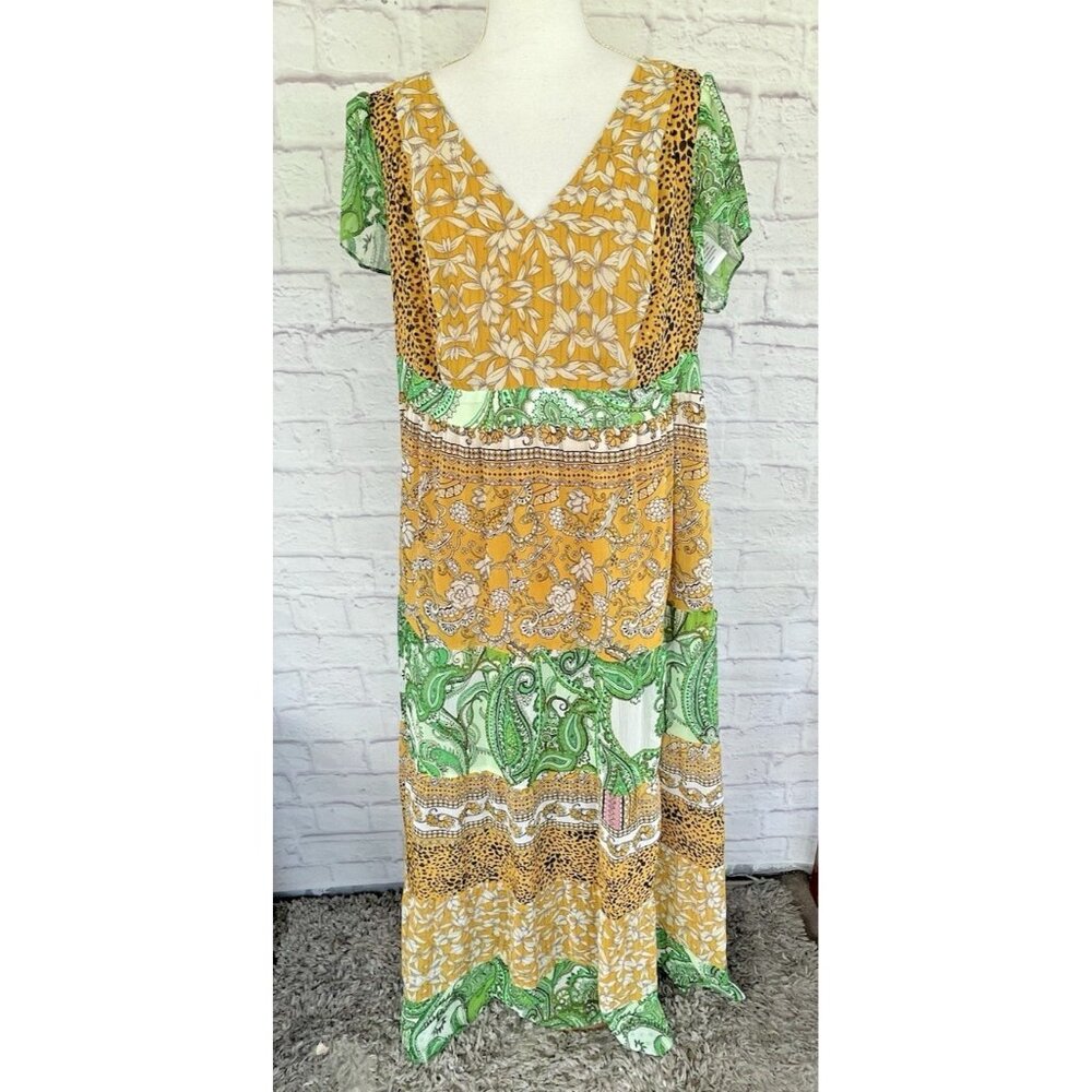 CHEZTU Women's Dresses Yellow Multi Print Maxi Dress Plus Size 16